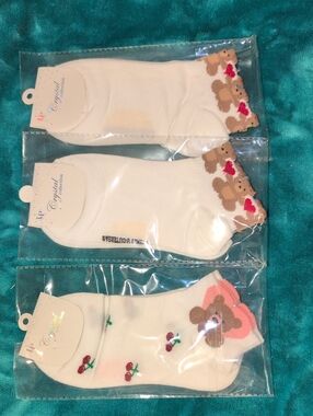 Cute Bear & Cherry Ankle Socks - Cream with Pink & Brown Accents Set Of 3 Pairs